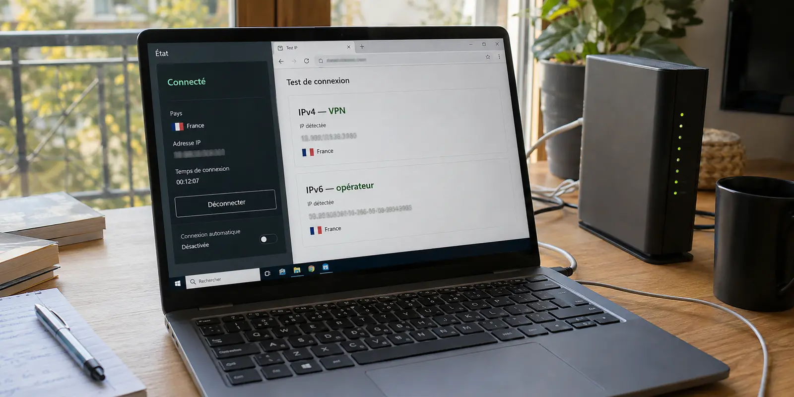 Un VPN affiche Connecté tandis qu’un test sépare une route IPv4 protégée et une route IPv6 encore liée à l’opérateur.