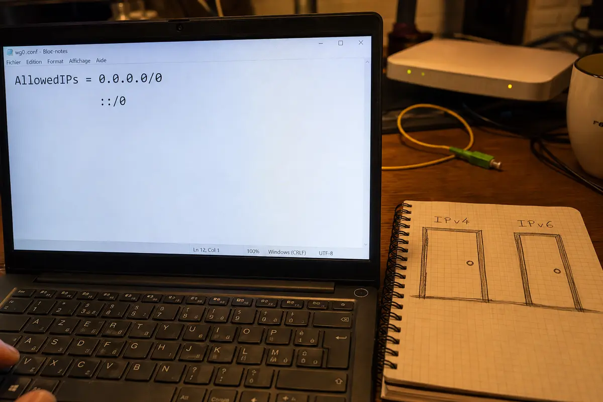 Un profil WireGuard montre les routes IPv4 et IPv6 à côté d’un croquis de deux portes.