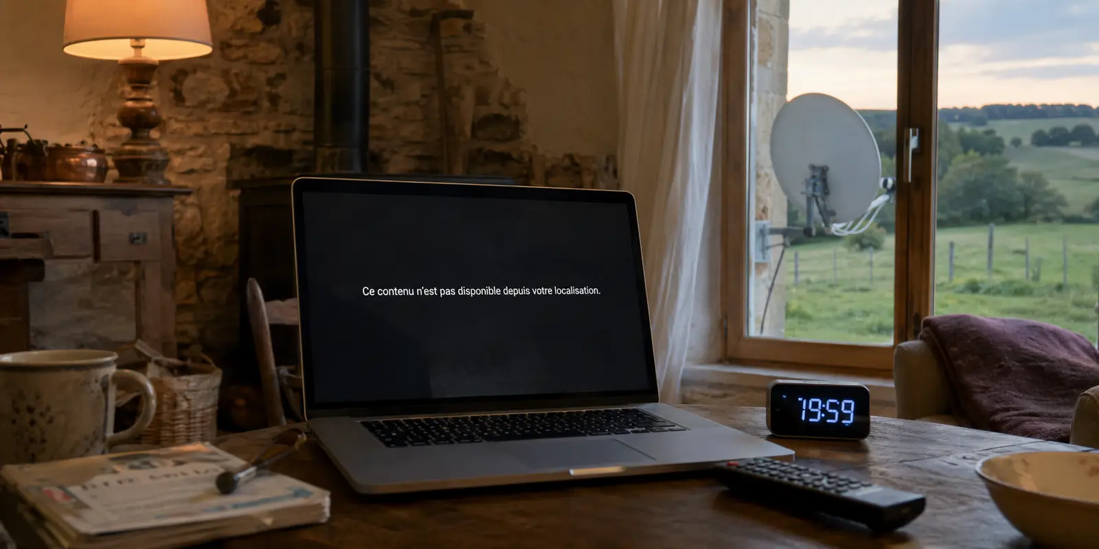 Dans une maison de campagne française reliée par satellite, un ordinateur affiche que le contenu n’est pas disponible depuis cette localisation