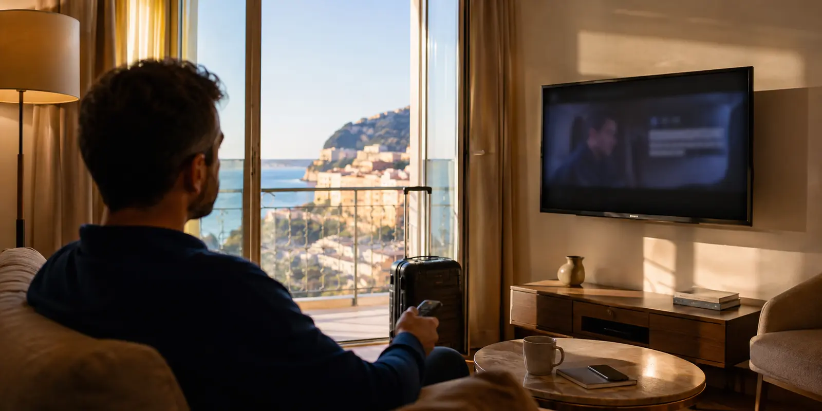 Un voyageur regarde une émission sur M6+ dans un salon d’hôtel
