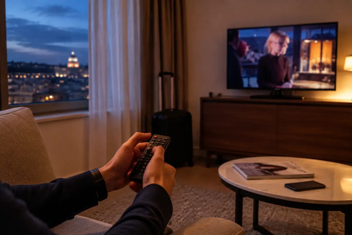 Une télécommande et une télévision reprennent une lecture vidéo dans un salon d’hôtel