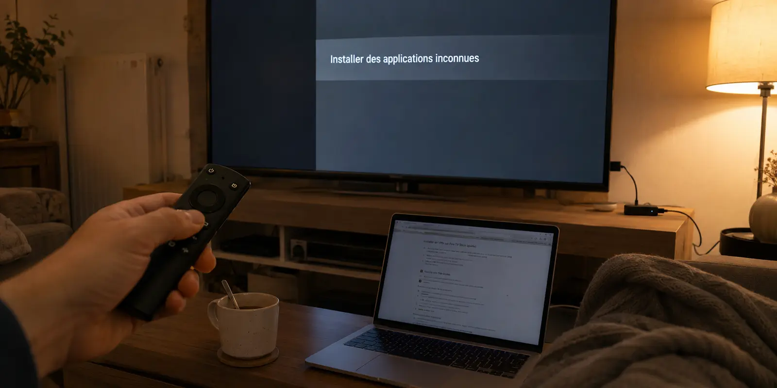 Le téléviseur affiche le réglage des applications inconnues tandis qu’un guide d’installation reste ouvert sur l’ordinateur