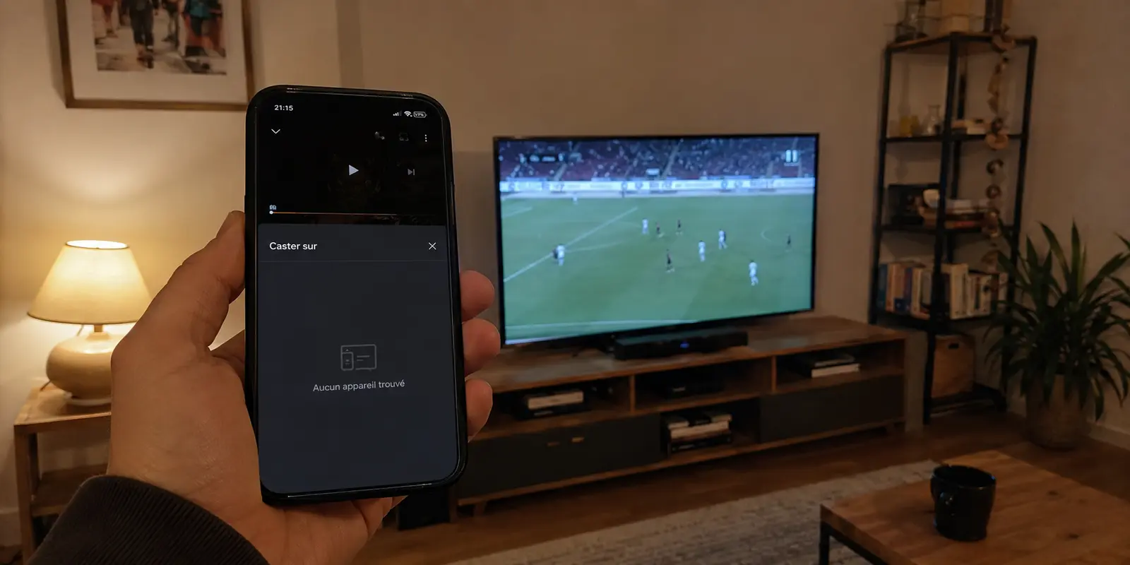 Un téléphone ne trouve aucun appareil Cast alors que le téléviseur se trouve juste en face dans le salon.