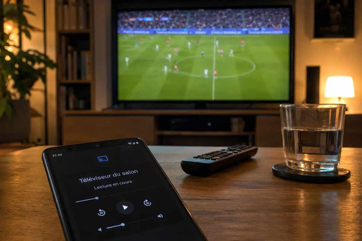Le téléphone contrôle de nouveau la lecture sur le téléviseur du salon pendant que le match continue.