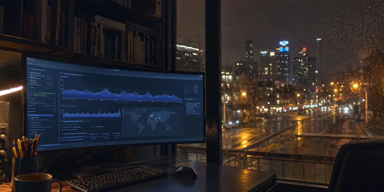 Un bureau distant affiche une latence visible dans une ville étrangère sous la pluie