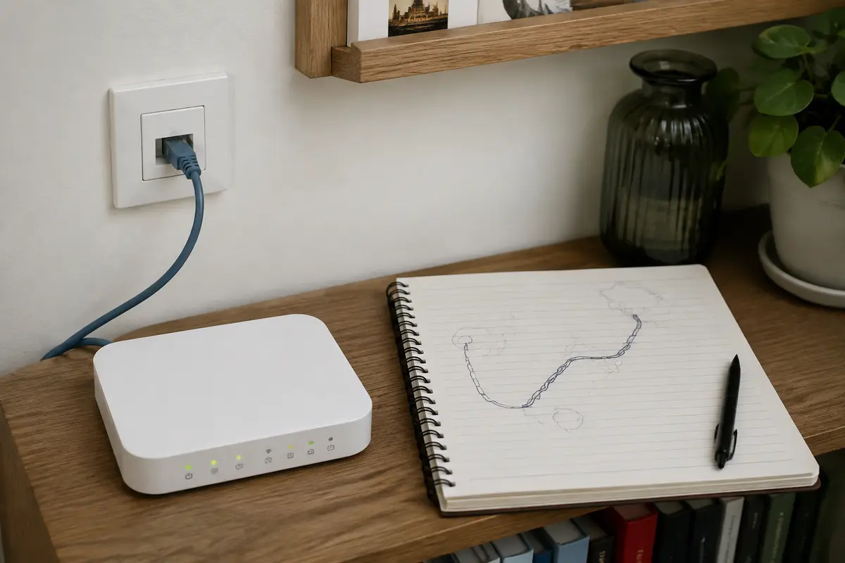 Un routeur et une prise Ethernet accompagnent un carnet de trajet réseau