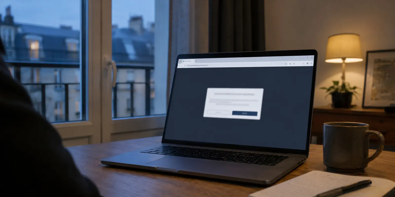 Ordinateur portable affichant une demande de vérification d’âge dans un appartement français