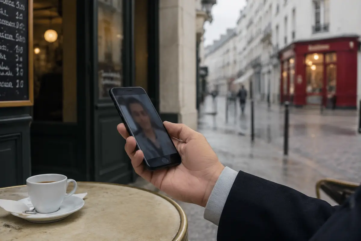 Téléphone continuant une vidéo sur une terrasse de café parisienne