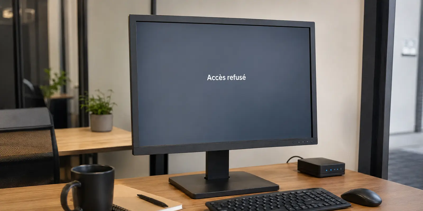Écran d’un portail administratif affichant un accès refusé dans un petit bureau partagé
