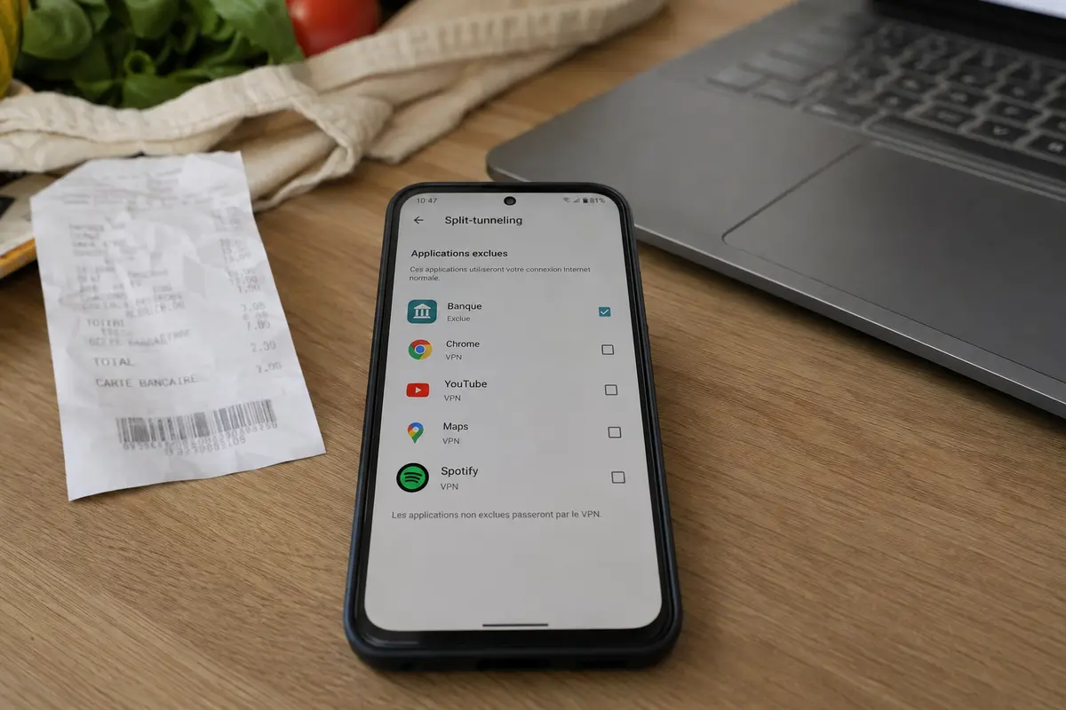 Un téléphone affiche une connexion bancaire indisponible malgré le VPN connecté