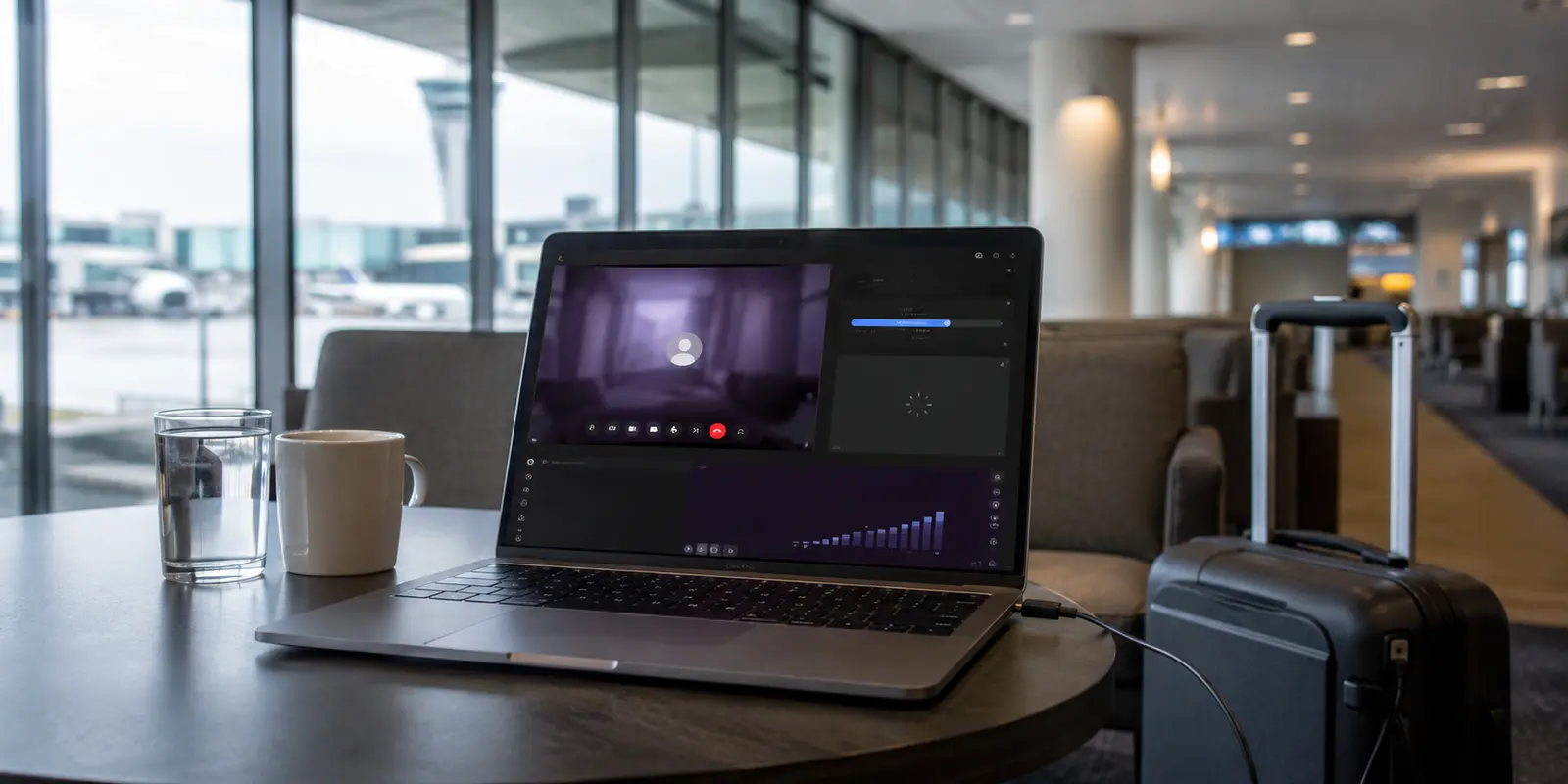 Ordinateur portable préparé pour une visioconférence sur le Wi-Fi instable d’un salon d’aéroport