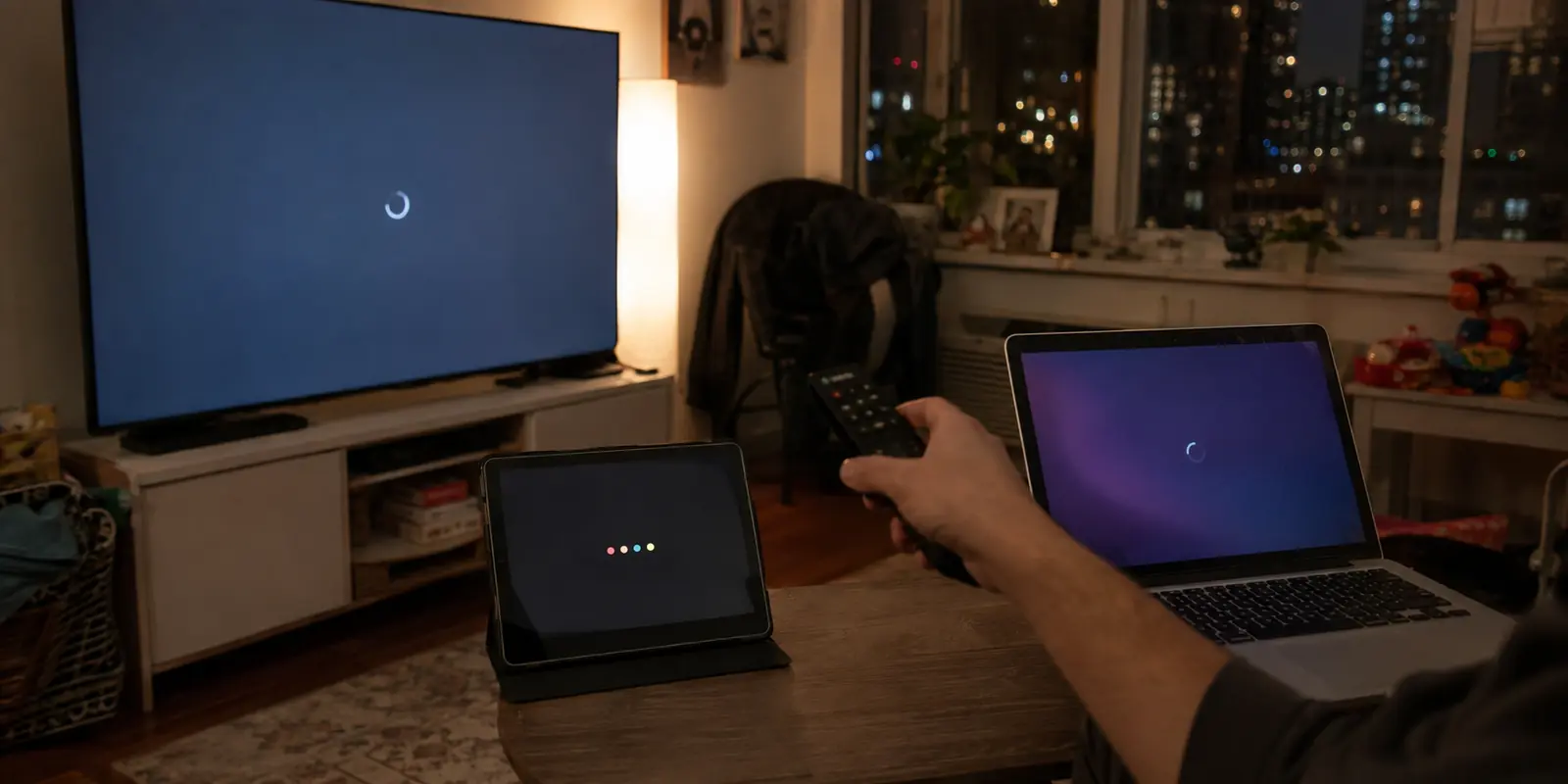 Dans un appartement new-yorkais, plusieurs écrans attendent pendant qu’une télécommande sert à reprendre les réglages un par un.
