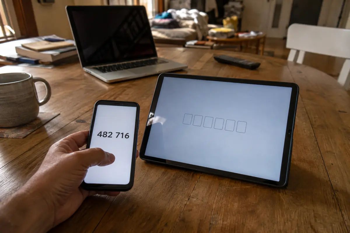 Un code de vérification affiché sur un téléphone permet d’ajouter rapidement une tablette au foyer.