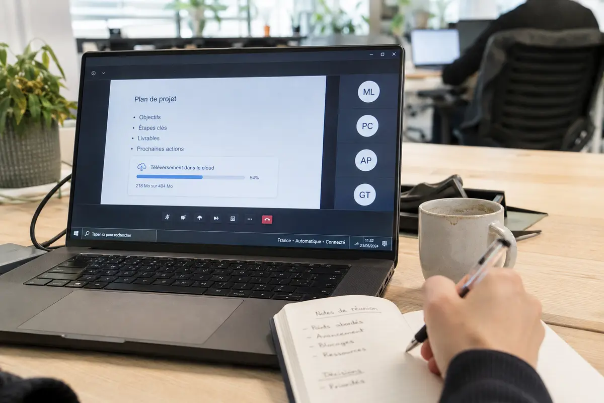 Une visioconférence et un téléversement se poursuivent tandis que le VPN reste connecté automatiquement en France.