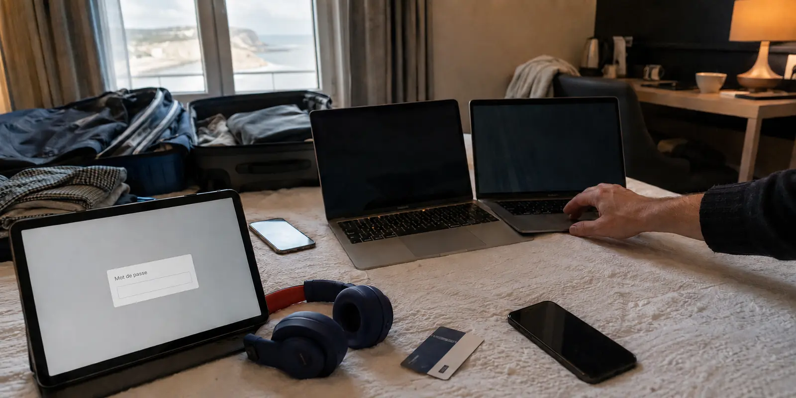 Plusieurs appareils familiaux attendent leur mot de passe VPN dans une chambre d’hôtel