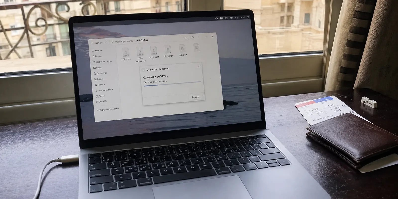 Un ordinateur portable au Caire tente d’établir une connexion VPN à partir de fichiers préparés avant le voyage