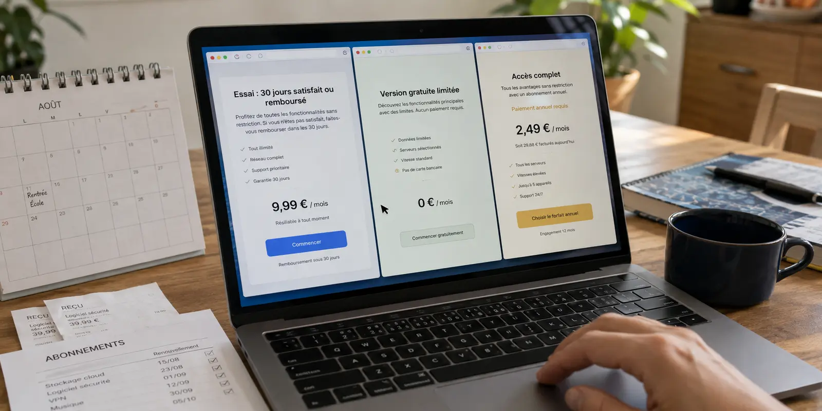 Sur un ordinateur, trois offres de VPN proposent une garantie de remboursement, une version gratuite limitée ou un paiement annuel.