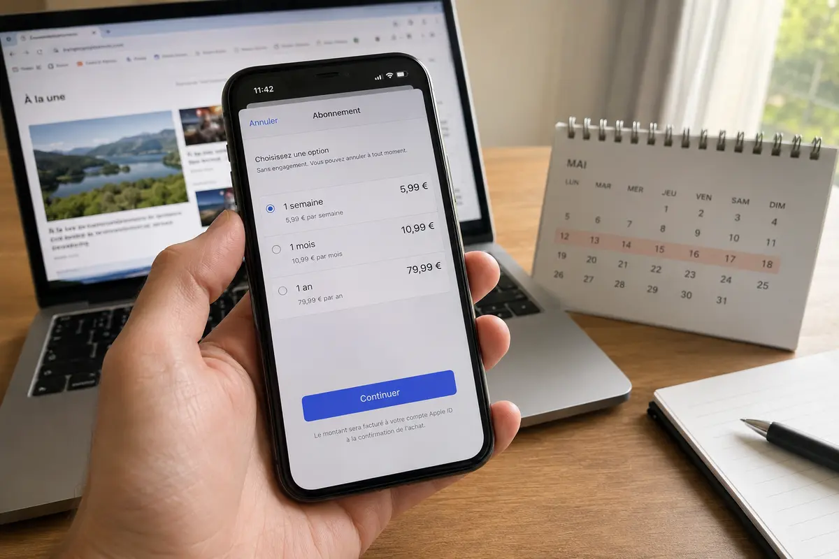 Sur un téléphone, la formule VPN d’une semaine à 5,99 euros est sélectionnée devant un ordinateur déjà utilisable.