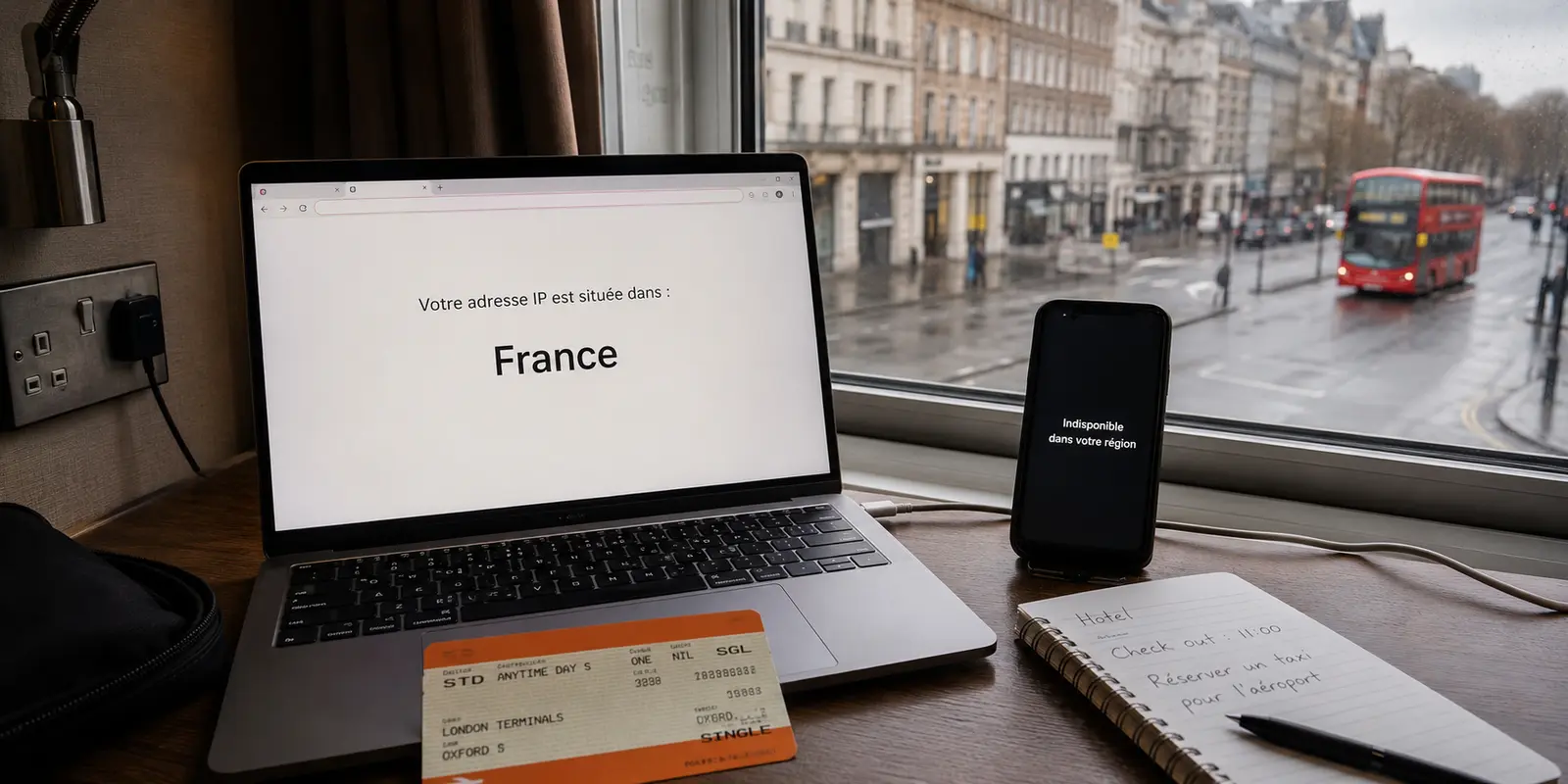 Dans un hôtel londonien, l’ordinateur indique une adresse IP française tandis que le téléphone affiche un service indisponible dans la région