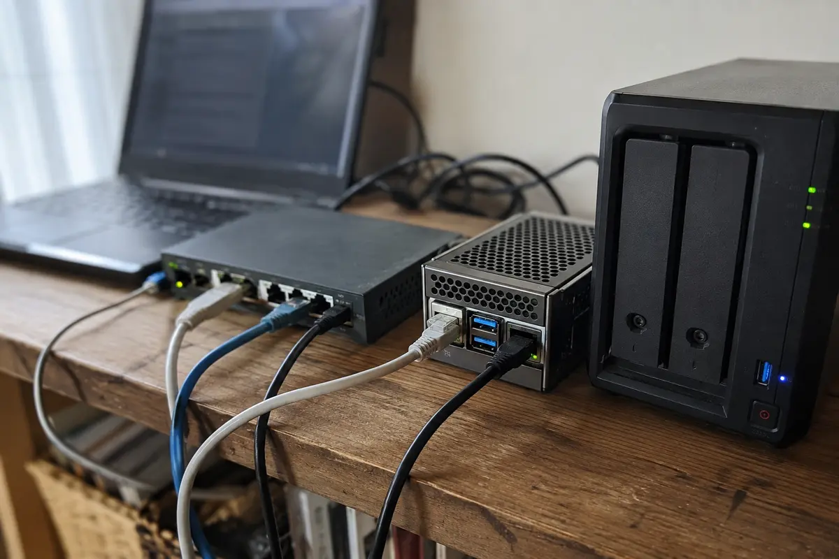 Un petit réseau local réunit un commutateur Ethernet, un NAS et un Raspberry Pi reliés à un ordinateur Linux.