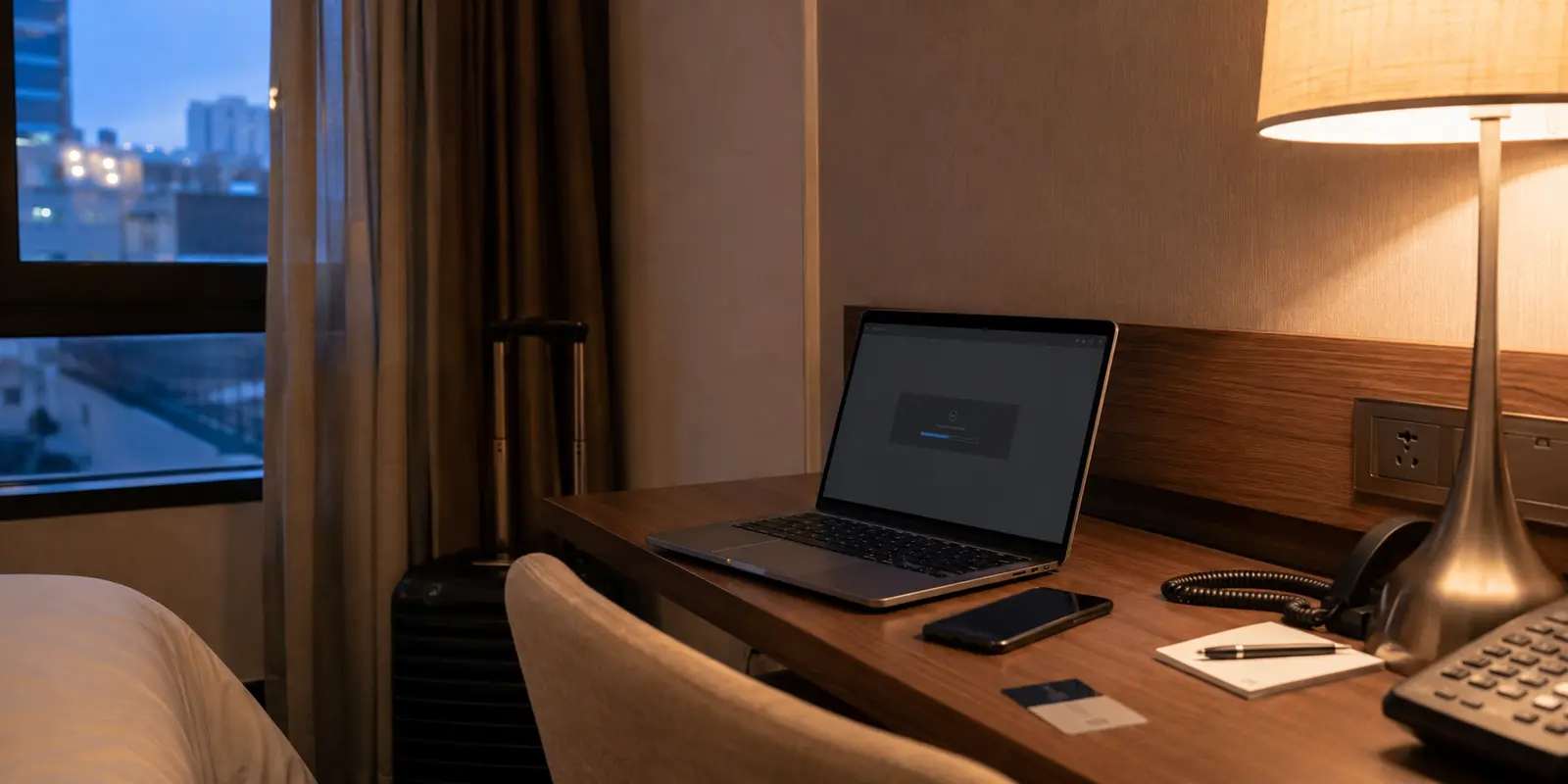 Un ordinateur portable bloqué sur une passerelle d’entreprise dans une chambre d’hôtel au début de la soirée