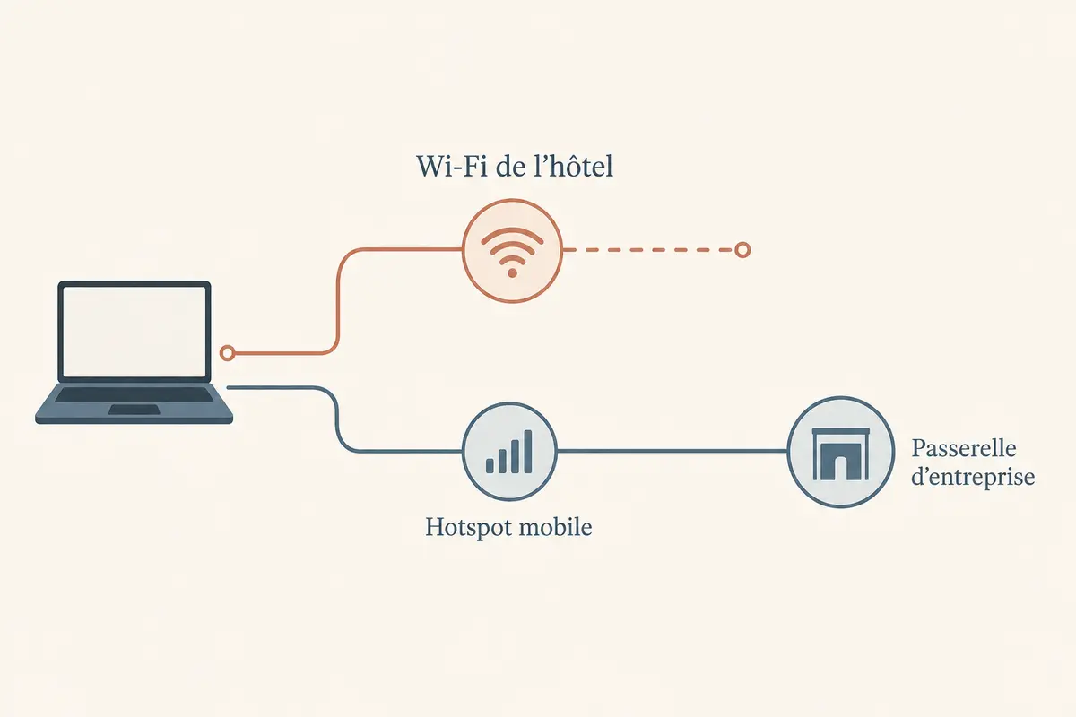 Comparaison entre le Wi-Fi de l’hôtel qui bloque la route et le hotspot mobile qui atteint la passerelle d’entreprise