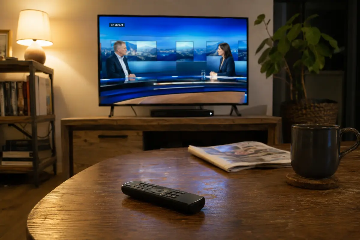La télécommande est posée pendant qu’un programme en direct se lit normalement sur blue TV