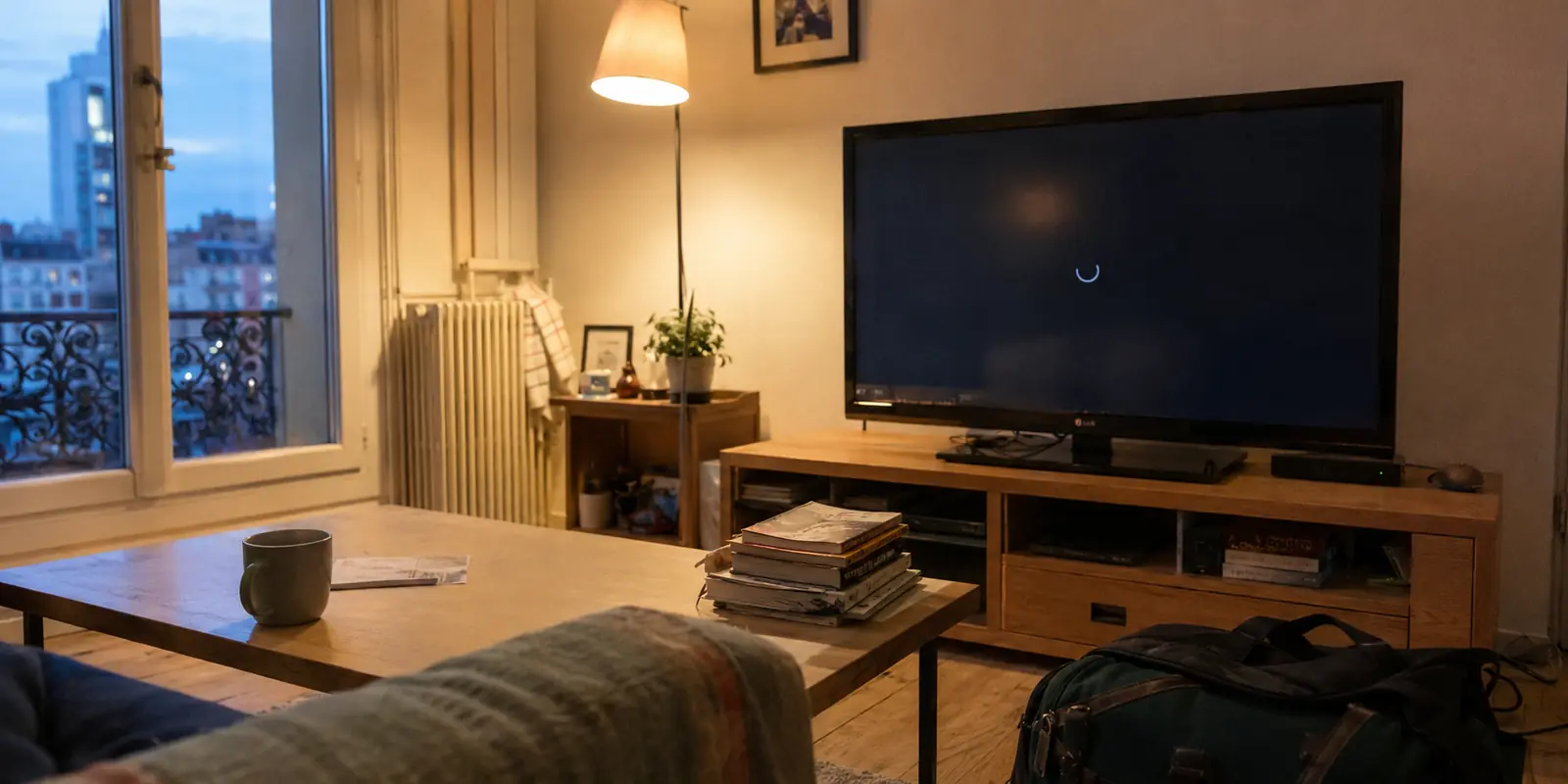 Un téléviseur affiche un chargement interrompu dans un appartement de passage à Lyon, le soir.