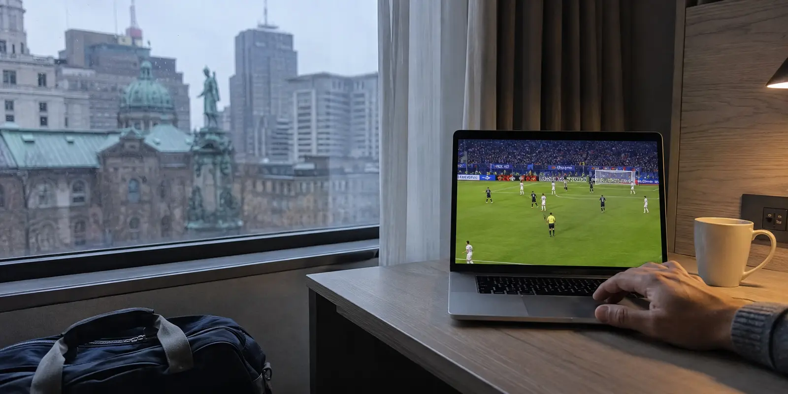 Un match de football se lance sur un ordinateur portable dans une chambre d’hôtel à Montréal