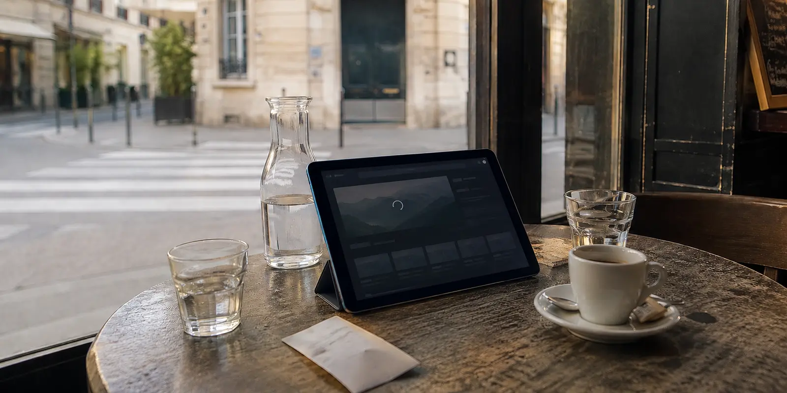 Une tablette affiche un chargement interrompu sur la table d’un café parisien.