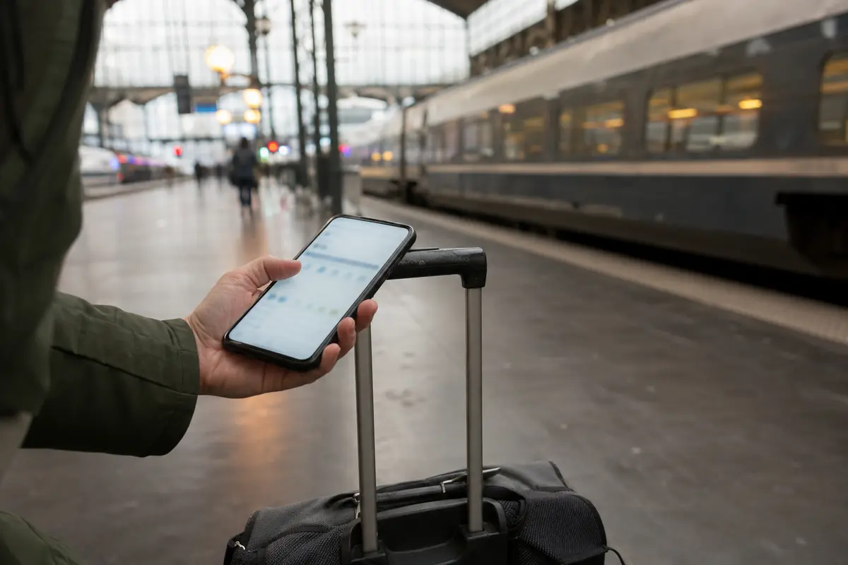 Un téléphone belge utilisé à l’arrivée en gare de Paris, à côté d’un bagage de voyage.