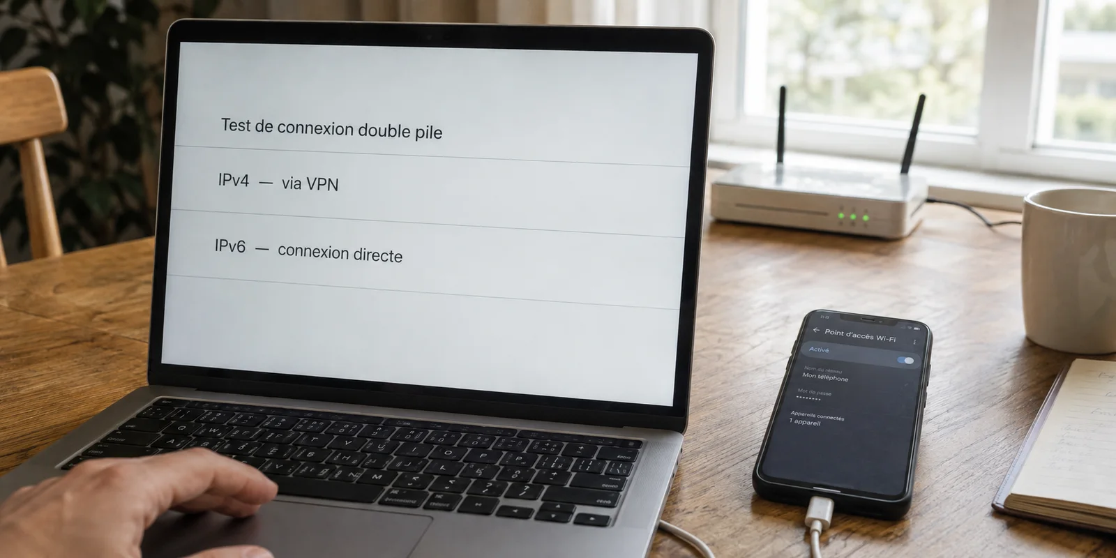Test double stack montrant IPv4 via le VPN et IPv6 en connexion directe.