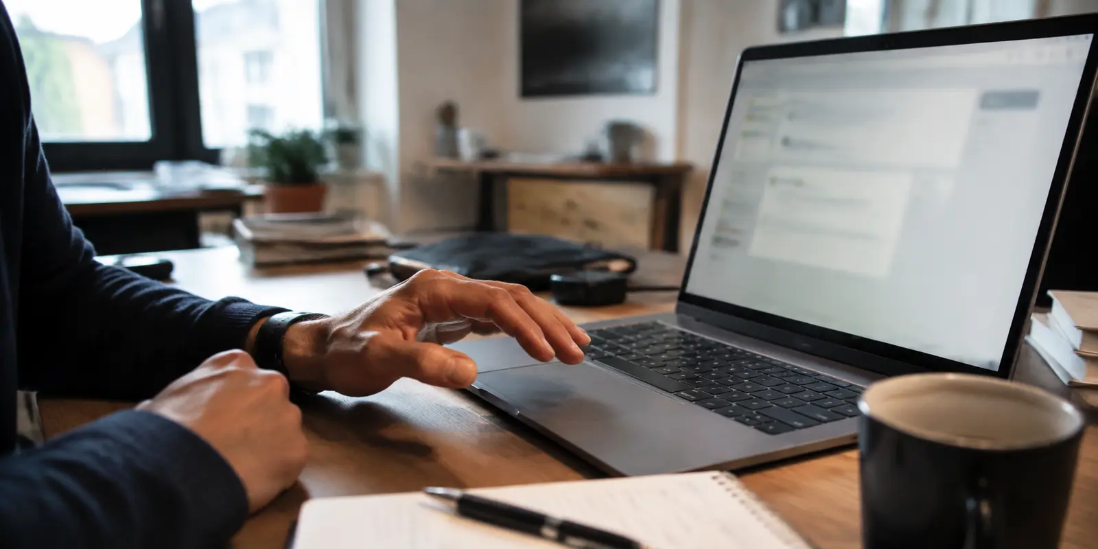 Une main hésite au-dessus du pavé tactile avant l’envoi d’identifiants depuis un ordinateur portable