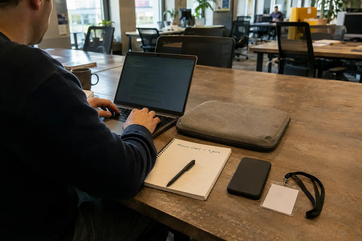 Un développeur externe travaille quatre jours depuis un espace de coworking avec un accès temporaire