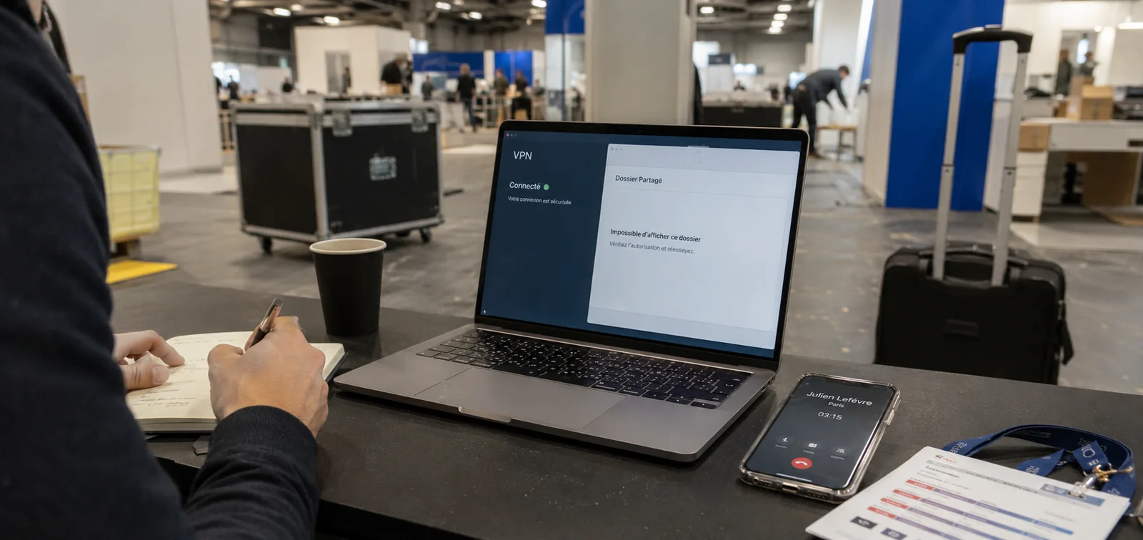 Au salon professionnel, un VPN est connecté mais le dossier partagé ne charge pas pendant un appel d’assistance.