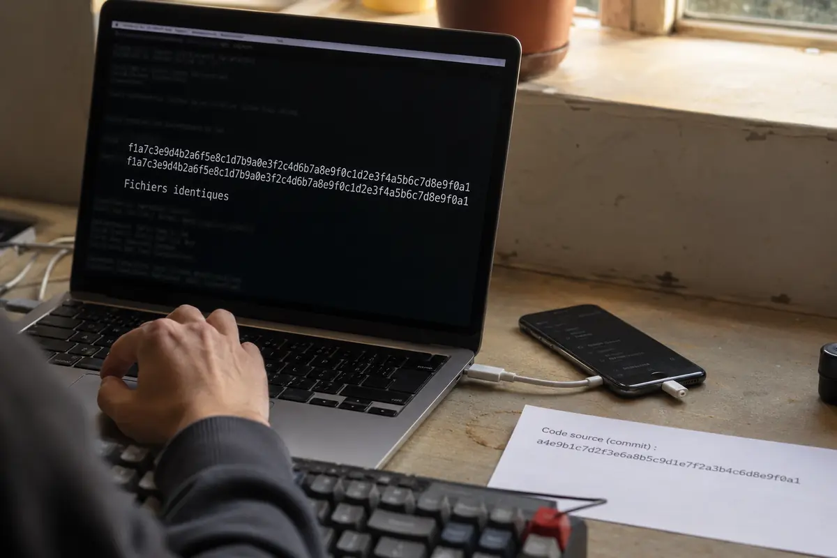 Un développeur compare deux empreintes identiques entre une compilation Android et le fichier distribué.