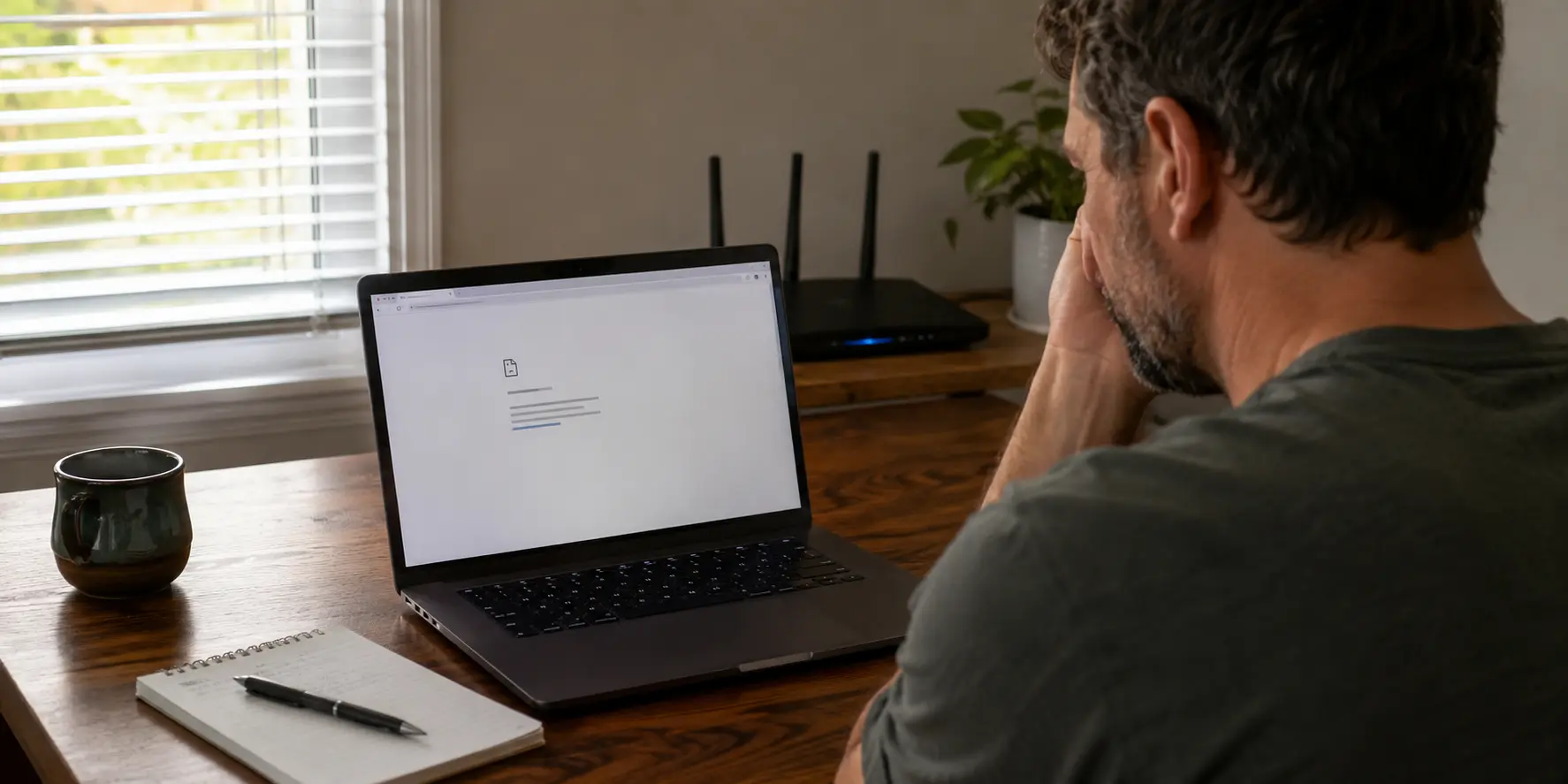 Ordinateur affichant un site local inaccessible avec un routeur en arrière-plan