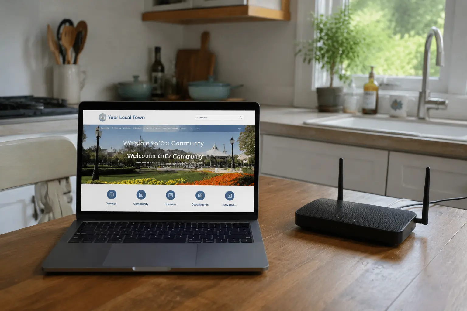 Ordinateur ouvrant un site local à côté d’un routeur
