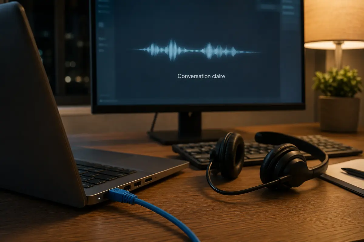 Un câble Ethernet et un casque servent à tester la clarté d’un appel