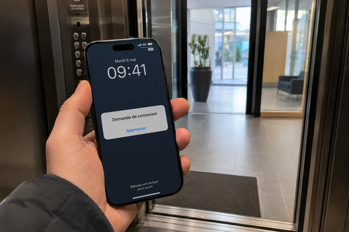 Une notification d’authentification arrive sur le téléphone au moment où l’ascenseur s’ouvre sur le hall et que la 5G revient