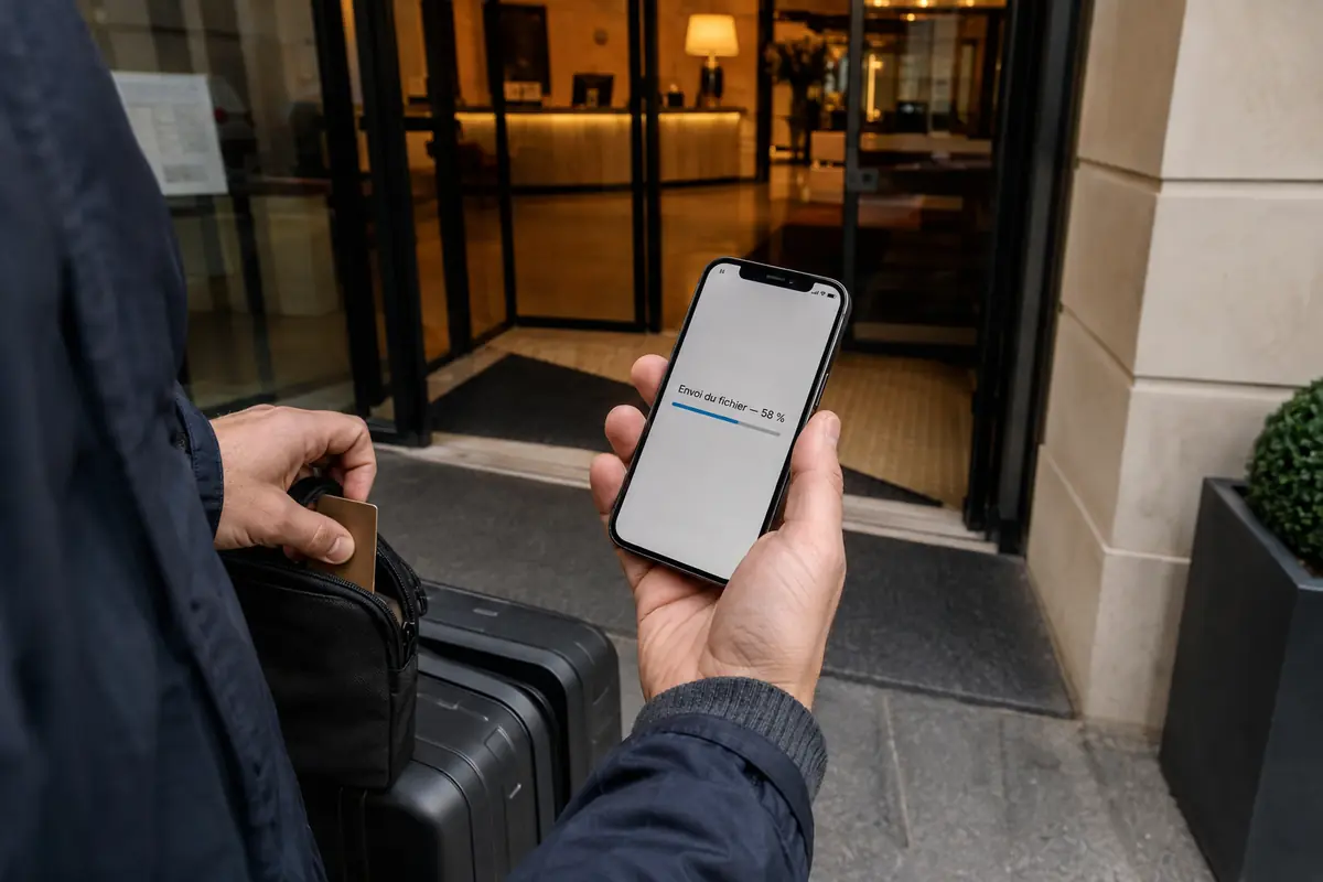 Envoi de fichier qui continue sur un téléphone à la sortie de l’hôtel