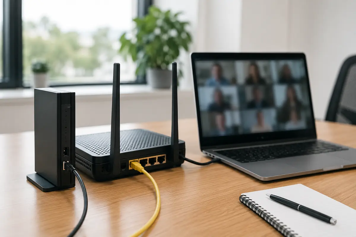 Un routeur et un modem 5G maintiennent une visioconférence pendant le basculement