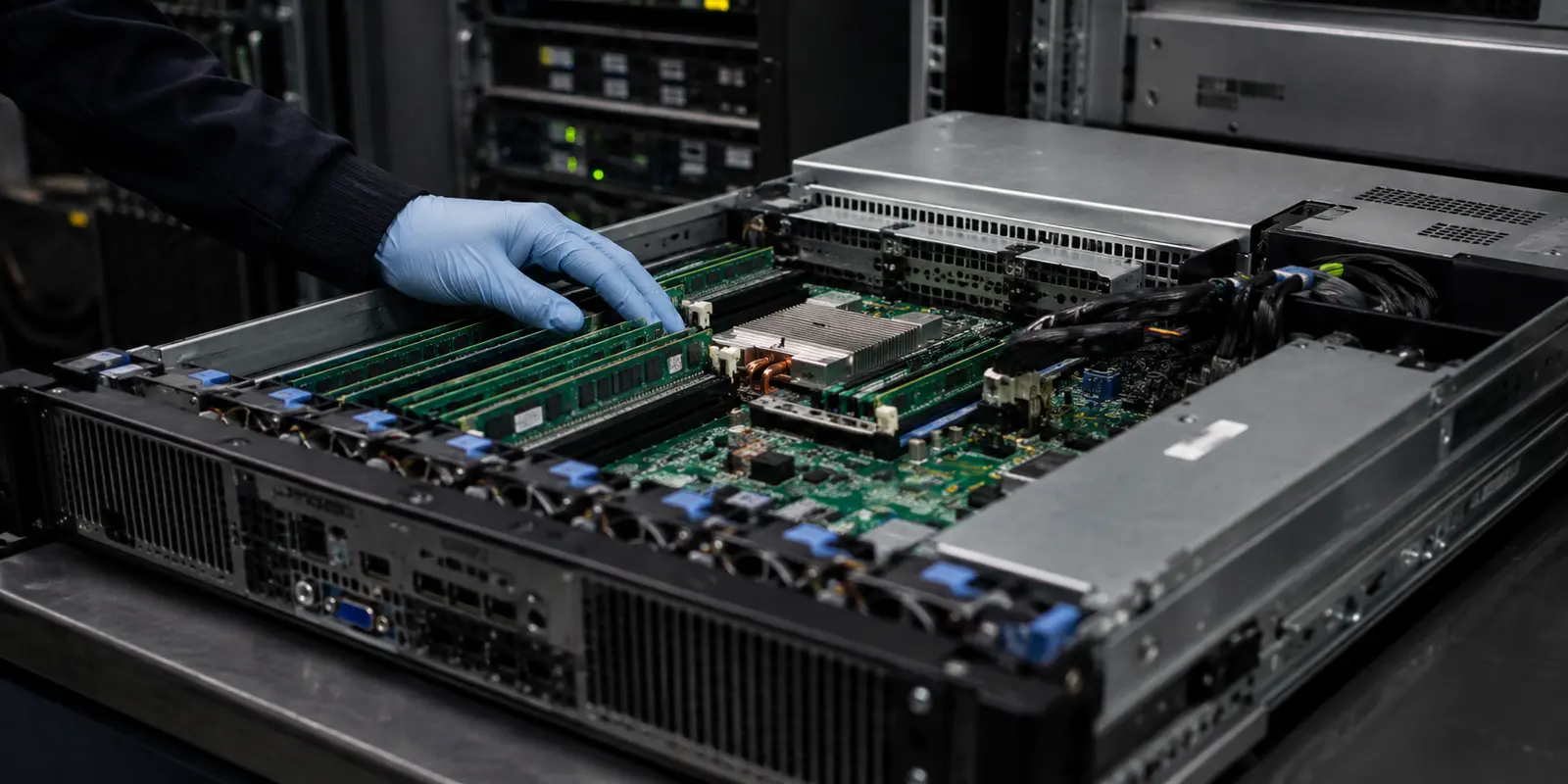 Un serveur ouvert laisse voir sa mémoire vive dans un datacenter