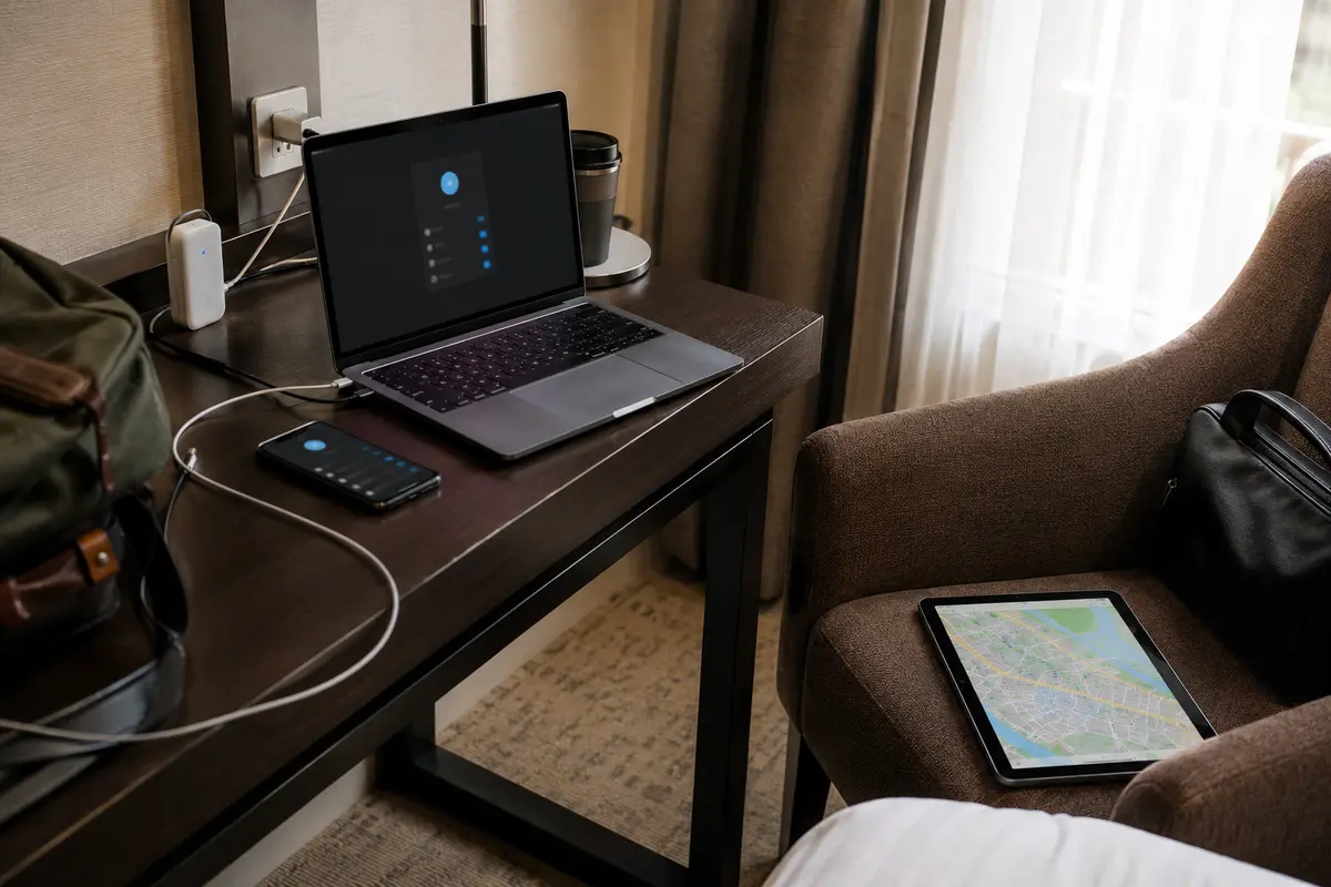 Routeur de voyage limité au Wi-Fi, VPN actif sur l’ordinateur et le téléphone, tablette laissée sur le réseau local