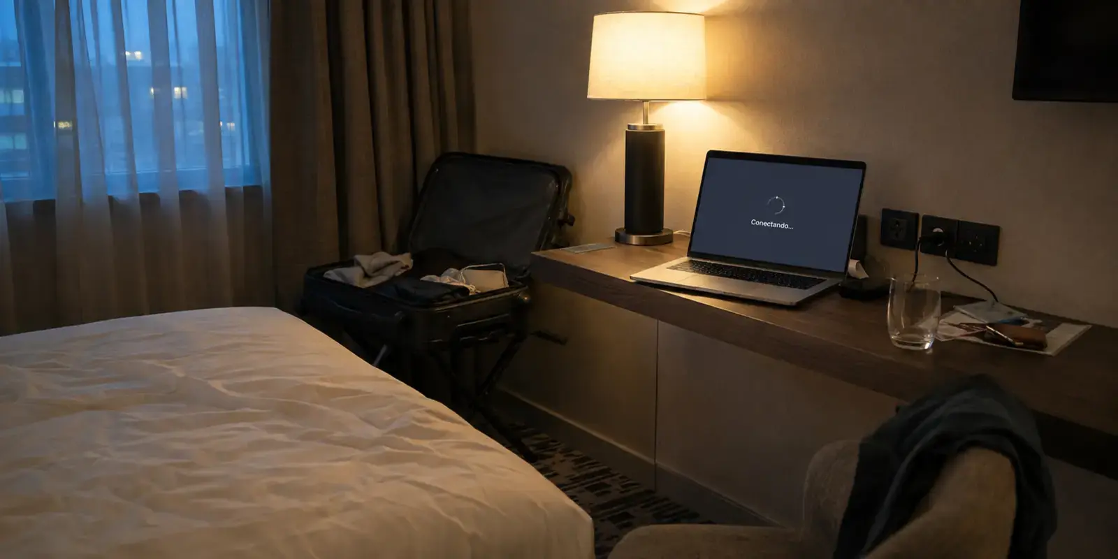 Una videollamada permanece en conexión desde el escritorio de una habitación de hotel