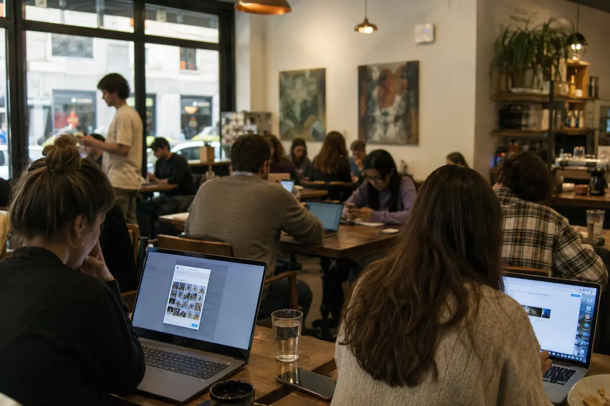 Vários utilizadores partilham o Wi-Fi de um café enquanto um deles recebe um CAPTCHA