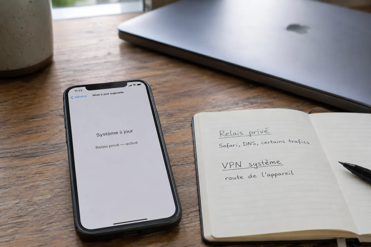 iPhone à jour et carnet comparant le périmètre du Relais privé à celui d’un VPN système