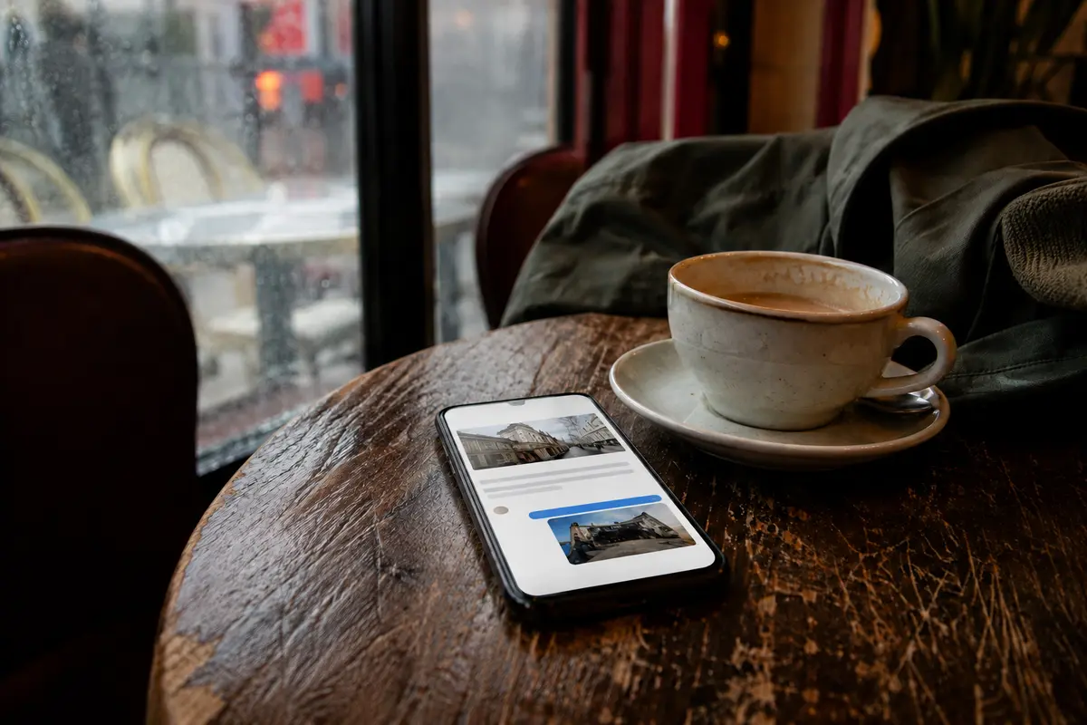 Dans un café, un téléphone affiche de nouveau une page et une conversation entièrement chargées.