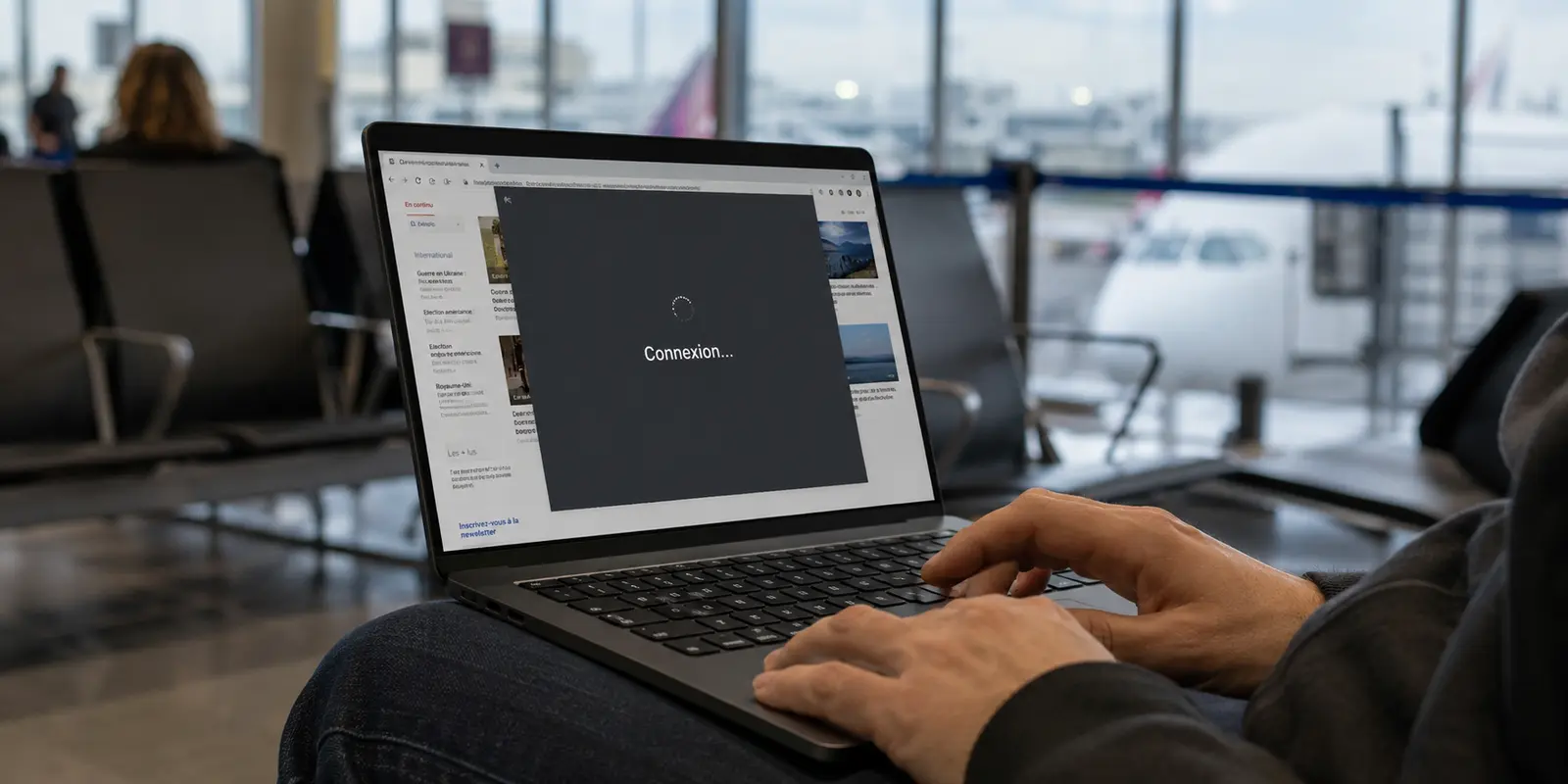 Ordinateur portable affichant une connexion VPN bloquée dans une salle d’embarquement