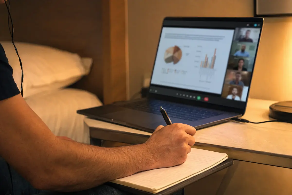Una reunión por vídeo funciona mientras el viajero toma notas en la habitación del hotel